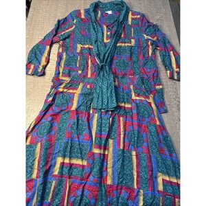 Vintage AKS two-piece skirt set multicolor geometric size 2 XL shoulder pads